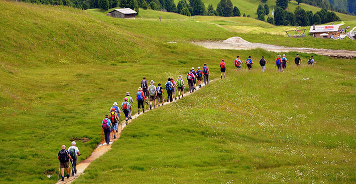 En lång rad med personer som vandrar i fjällen