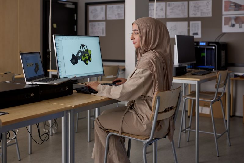 Två elever som sitter vid ett bord med tekniska instrument. 