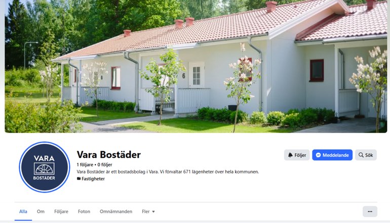 Startsida för Vara Bostäders Facebook.